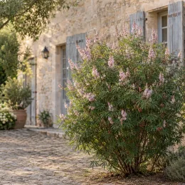 Arbre au poivre à fleurs roses 'Galactic pink' (Vitex agnus-castus) — arbuste fleuri devant maison en pierre ensoleillée