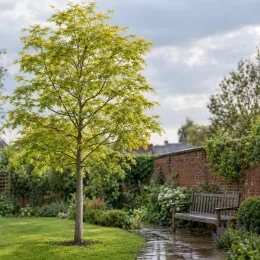 Févier d'amérique sans épines 'Spectrum' (Gleditsia triacanthos) — jeune arbre isolé dans un jardin anglais
