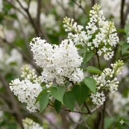 Lilas nain 'White' (Syringa flowerfesta) — grappes de petites fleurs blanches et feuillage vert