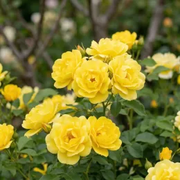 Rosier 'Grande duchesse louise®' (Rosa) — grappes de fleurs jaunes sur rosier buissonnant