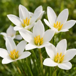 Lis zéphyr (Zephyranthe candida) — fleurs étoilées blanches aux étamines jaunes · Photo d'illustration