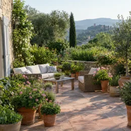 Géranium au parfum de rose 'Robert's lemon rose' (Pelargonium graveolens) — terrasse ensoleillée avec nombreux pots de fleurs