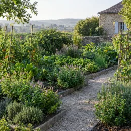 Menthe 'Marrakech' (Mentha spicata) — jardin potager luxuriant avec massifs bordant une allée