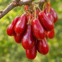 Cornouiller mâle à gros fruits 'Kazanlak' (Cornus mas) — grappe de fruits rouges allongés bien mûrs · Photo d'illustration