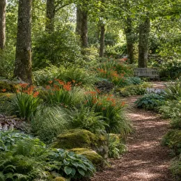 Montbretia emberglow 'Emberglow' (Croscosmia × crocosmiiflora) — massifs fleuris orange bordant un sentier forestier · Photo d'illustration