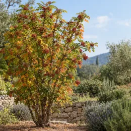 Poivrier de timut (Zanthoxylum alatum) — arbuste aux grappes de fruits rouges au jardin · Photo d'illustration