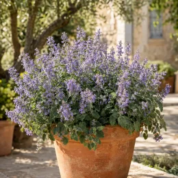 Népétas 'Cats pajamas' (Nepeta faassenii) — plante fleurie en pot terre cuite sur terrasse