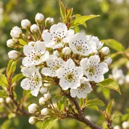 Poirier d'ornement de chine (Pyrus calleryana) — grappe de petites fleurs blanches avec bourgeons · Photo d'illustration