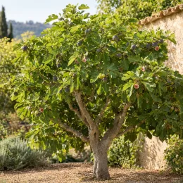 Figuier 'Grise de tarascon' (Ficus carica) — arbre fruitier avec fruits mûrs près d’un mur