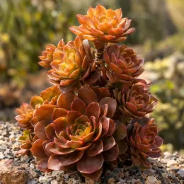 Succulente 'Surreal sienna' (Semponium) — rosettes charnues brun orangé sur gravier · Photo d'illustration