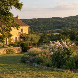 Vivace estivale 'Shiloh noelle' (Dahlia) — massif fleuri près d'une maison en pierre · Photo d'illustration
