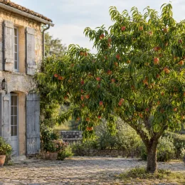Pêcher franc 'Missour' (Prunus persica) — arbre fruitier chargé de fruits devant maison · Photo d'illustration