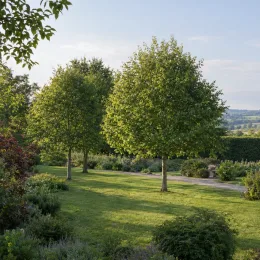 Ostrya (Ostrya carpinifolia) — alignement de jeunes arbres au tronc clair