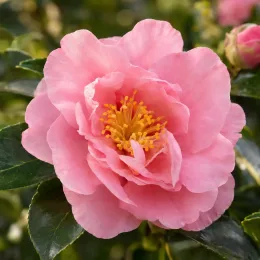 Camélia d'automne 'Sandra rose' (Camellia sasanqua) — gros plan sur grande fleur rose ouverte
