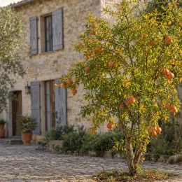 Grenadier sans pépins 'Meknes' (Punica granatum) — arbuste fruitier devant une maison en pierre · Photo d'illustration