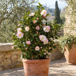 Camélia d'automne 'Rainbow blanc rose' (Camellia sasanqua) — arbuste fleuri en pot sur terrasse en pierre · Photo d'illustration
