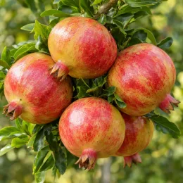 Grenadier à fruit 'Belbek' (Punica granatum) — gros fruits ronds groupés parmi le feuillage · Photo d'illustration