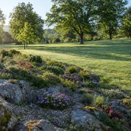 Aster des alpes 'Violet' (Aster alpinus) — massif de vivaces fleuries sur rocaille en pelouse · Photo d'illustration