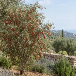 Chalef d'automne à baies rouges 'Amoroso' (Eleagnus umbellata) — arbuste couvert de petites baies rouges au jardin · Photo d'illustration