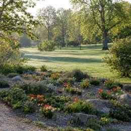 Fleur arlequin 'Mélange' (Sparaxis tricolor) — massif fleuri en graviers dans grand parc verdoyant · Photo d'illustration