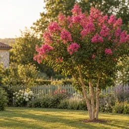 Lilas des indes 'Rose' (Lagerstroemia indica) — arbuste fleuri isolé dans un jardin · Photo d'illustration