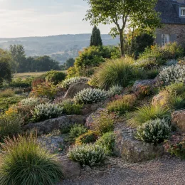 Bruyère 'White perfection' (Erica) — massif de jardin rocailleux avec petites touffes fleuries blanches · Photo d'illustration