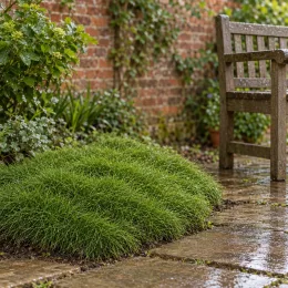 Gazon des mascareignes (Zoysia tenuifolia) — coussin dense de gazon bas près d’une terrasse · Photo d'illustration