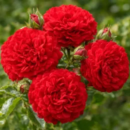 Rosier couvre-sol 'The fairy rood' (Rosa) — grappes de fleurs rouges très doubles