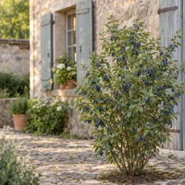 Baie de mai 'Fialka' (Lonicera kamtschatica) — arbuste fruitier devant maison en pierre ensoleillée · Photo d'illustration