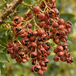 Poivrier de timut (Zanthoxylum alatum) — grappes de petits fruits ouverts bicolores · Photo d'illustration