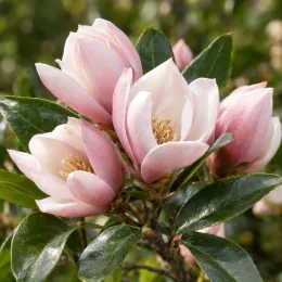 Magnolia à fleur rose 'Micjur01' (Michelia) — gros plan de fleurs rose pâle ouvertes · Photo d'illustration