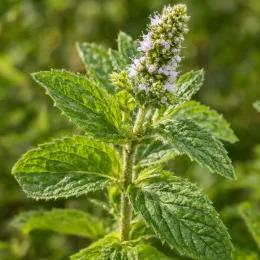 Menthe ricqles 'Ricqles' (Mentha × piperita) — gros plan sur tige avec feuilles et épis fleuris · Photo d'illustration