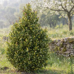 Houx à feuilles de myrte panaché 'Myrtifolia aurea maculata' (Ilex aquifolium) — arbuste persistant isolé devant muret de pierres · Photo d'illustration