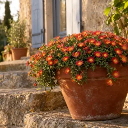 Pourpier vivace 'Fire' (Delosperma) — plante fleurie retombante dans un grand pot en terre · Photo d'illustration