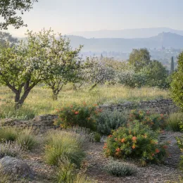 Grévilléa 'Joe mason' (Grevillea) — massif d'arbustes fleuris devant muret en pierre