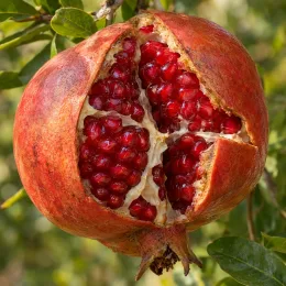 Grenadier sans pépins 'Meknes' (Punica granatum) — gros fruit ouvert laissant voir les arilles · Photo d'illustration