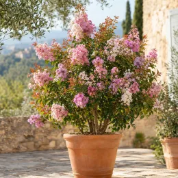 Lilas des indes 'Camaieu d ete r' (Lagerstroemia indica) — arbuste fleuri en pot devant un mur en pierre