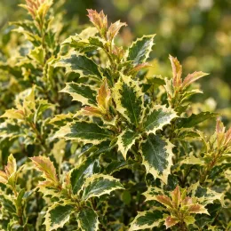 Osmanthe à feuilles variables 'Tricolor' (Osmanthus heterophyllus) — feuillage panaché vert et crème, jeunes pousses rosées · Photo d'illustration