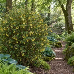 Épine-vinette (Berberis thunbergii) — arbuste dense fleuri au bord d’un chemin forestier