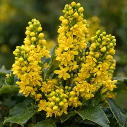 Mahonia 'Nara hiri' (Mahonia confusa) — grappes serrées de fleurs jaunes écloses