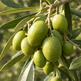 Olivier d'europe 'Verdale de carpentras' (Olea europaea) — gros plan sur grappes d’olives vertes