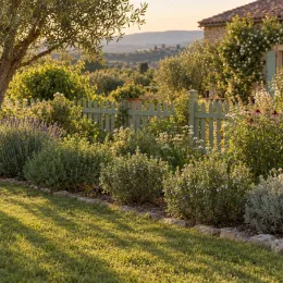 Sarriette 'Montana' (Satureja) — massif d'aromatiques devant clôture et maison · Photo d'illustration