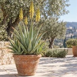 Aloe vera — plante succulente fleurie en pot terracotta sur terrasse · Photo d'illustration