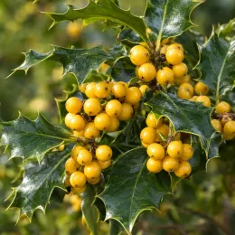 Houx commun à fruit jaune 'Bacciflava' (Ilex aquifolium) — grappes de baies jaunes sur feuillage vert brillant · Photo d'illustration