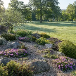 Pourpier vivace 'Canton loup' (Delosperma cooperi) — massifs de petites fleurs violettes sur rocaille · Photo d'illustration