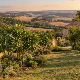 Figuier 'Bomholm's diamant' (Ficus carica) — arbres fruitiers buissonnants dans grand jardin de campagne · Photo d'illustration