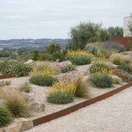 Bulbine jaune 'Yellow' (Bulbine caulescens) — massif méditerranéen sur gravier avec fleurs jaunes · Photo d'illustration