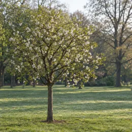 Prunier saint julien inrae 'St julien inrae' (Prunus domestica) — petit arbre en fleurs dans un parc · Photo d'illustration