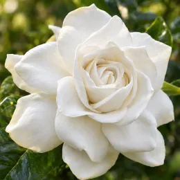 Gardenia rustique à fleurs doubles 'Grandiflora' (Gardenia jasminoides) — gros plan sur une fleur double blanche · Photo d'illustration