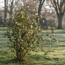 Chèvrefeuille d'hiver (Lonicera fragrantissima) — arbuste fleuri isolé sur pelouse humide · Photo d'illustration